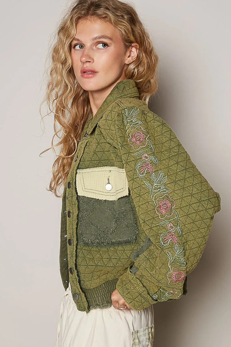 Hot Girl Embroidered Sleeve Raw Edge Quilted Jacket In Olive