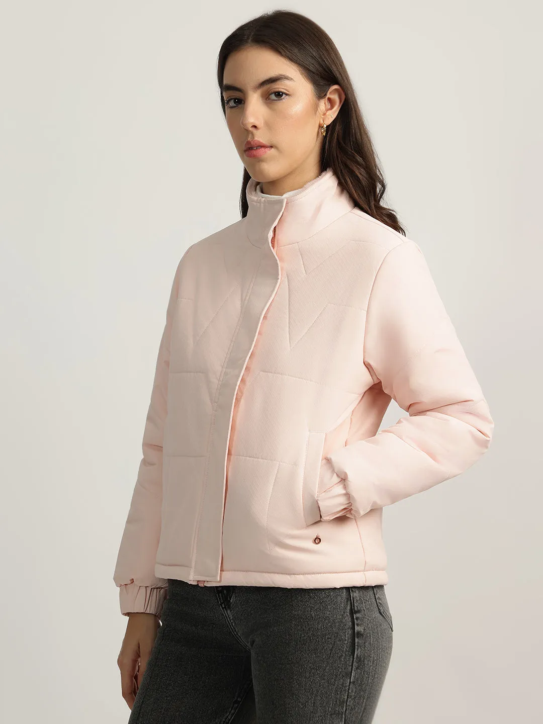 Iconic Women Pink Solid Stand Collar Full Sleeves Quilted Jacket