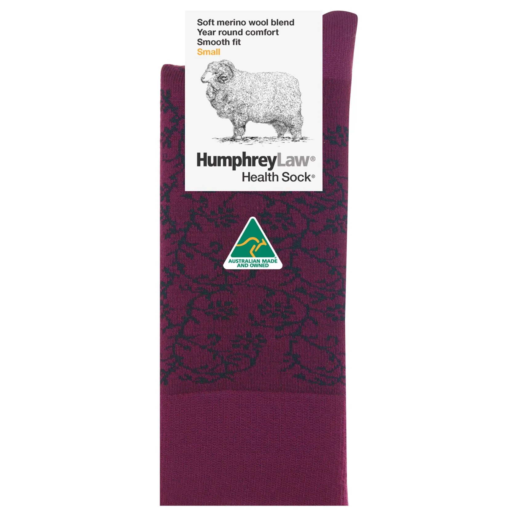 Jasmine on Berry Merino Wool Women's Crew Socks - Aussie Made