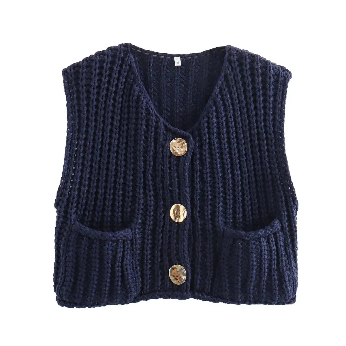 Joskaa Casual Green Pocket Knitted Vest For Women Fashion Sleeveless Round Neck Button Cardigan Autumn Female Commuting High Streetwear