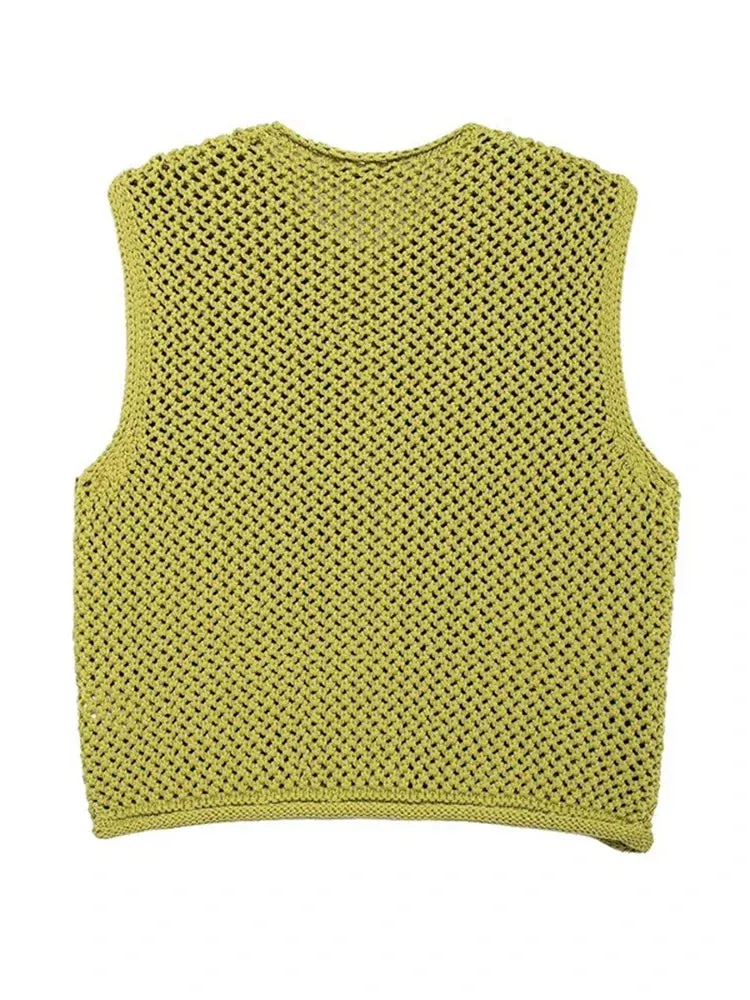 Joskaa Casual Green Pocket Knitted Vest For Women Fashion Sleeveless Round Neck Button Cardigan Autumn Female Commuting High Streetwear