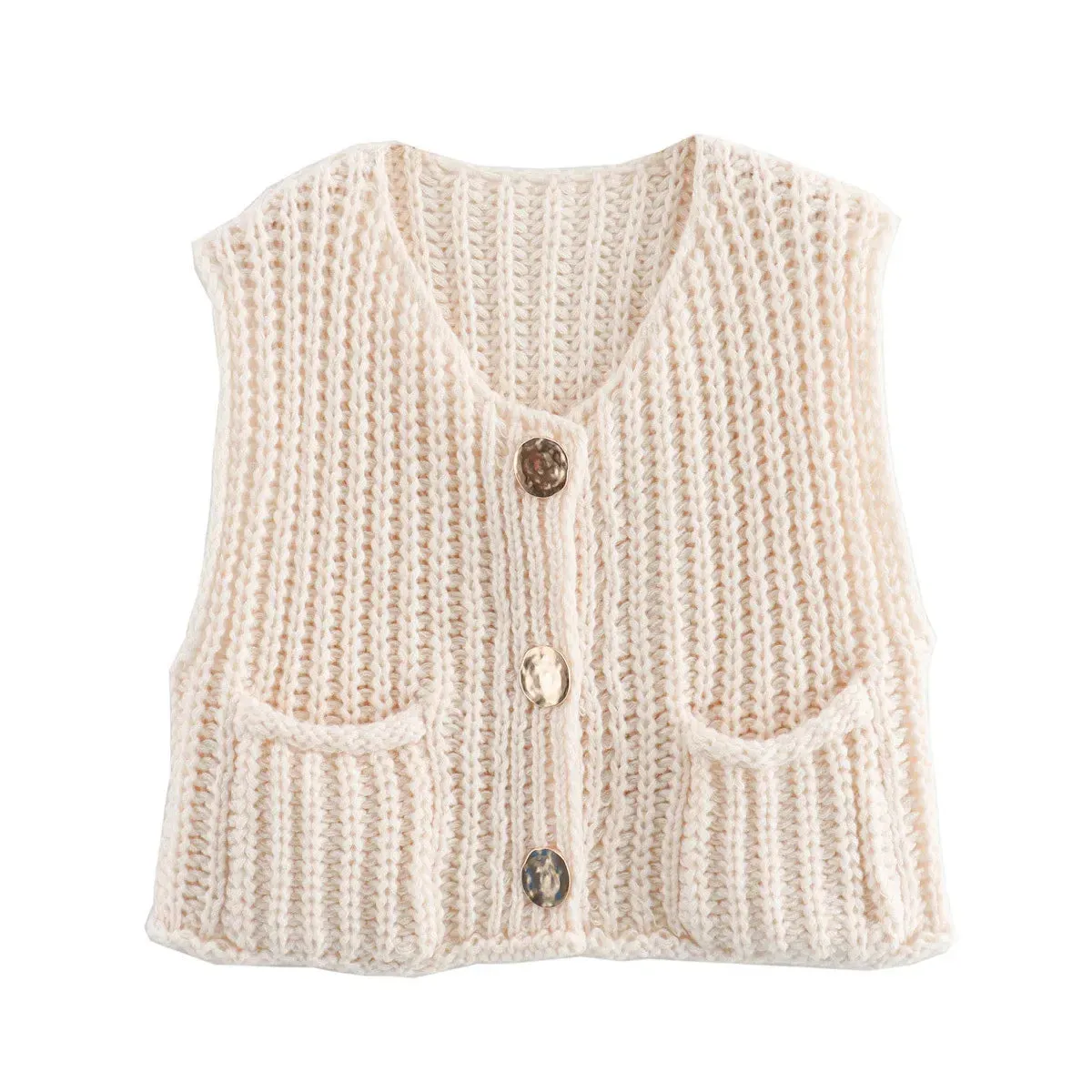 Joskaa Casual Green Pocket Knitted Vest For Women Fashion Sleeveless Round Neck Button Cardigan Autumn Female Commuting High Streetwear