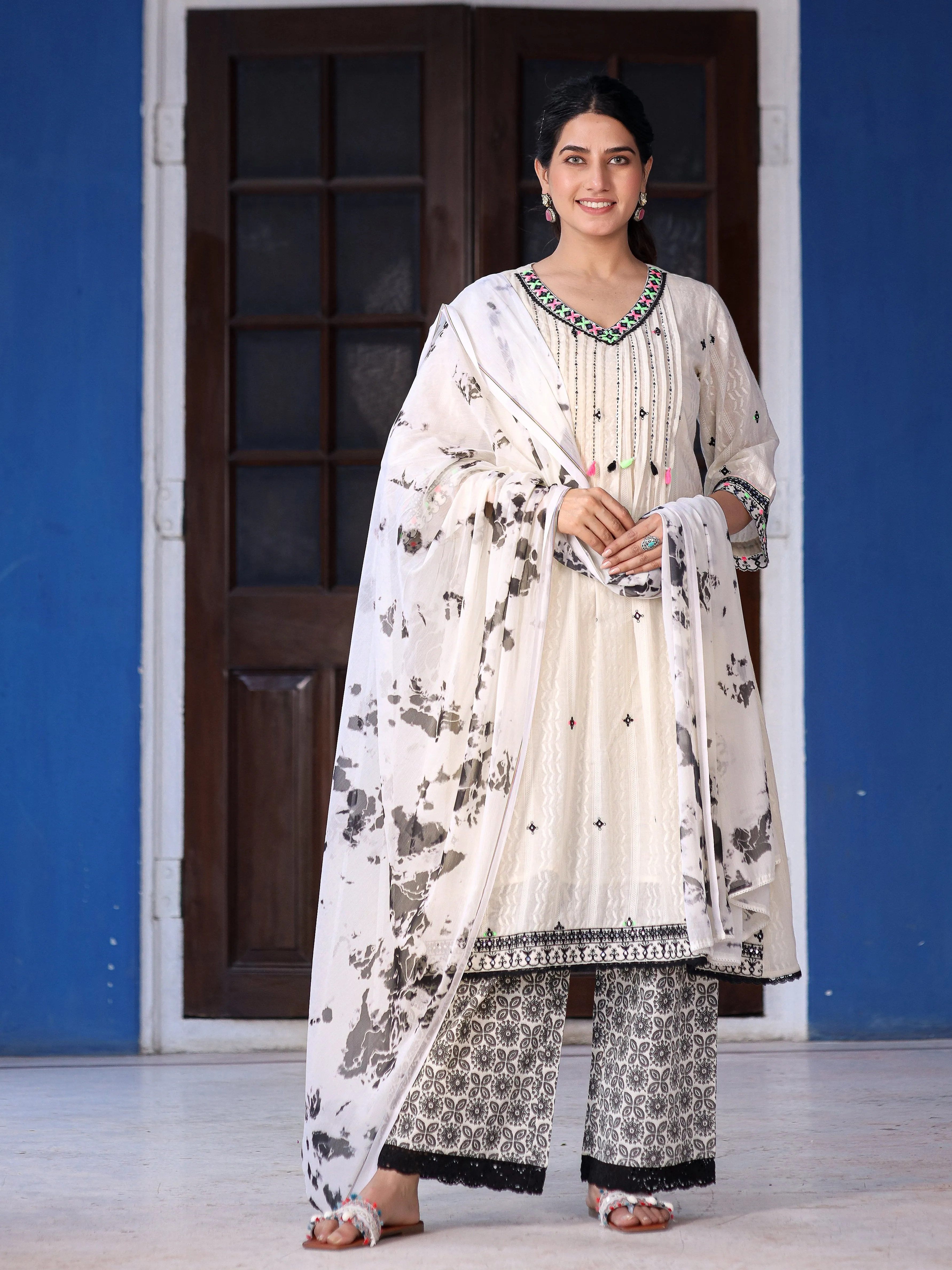 Juniper Off-White & Black Cotton Dobby Pleated Embroidered Kurta Palazzo & Dupatta Set