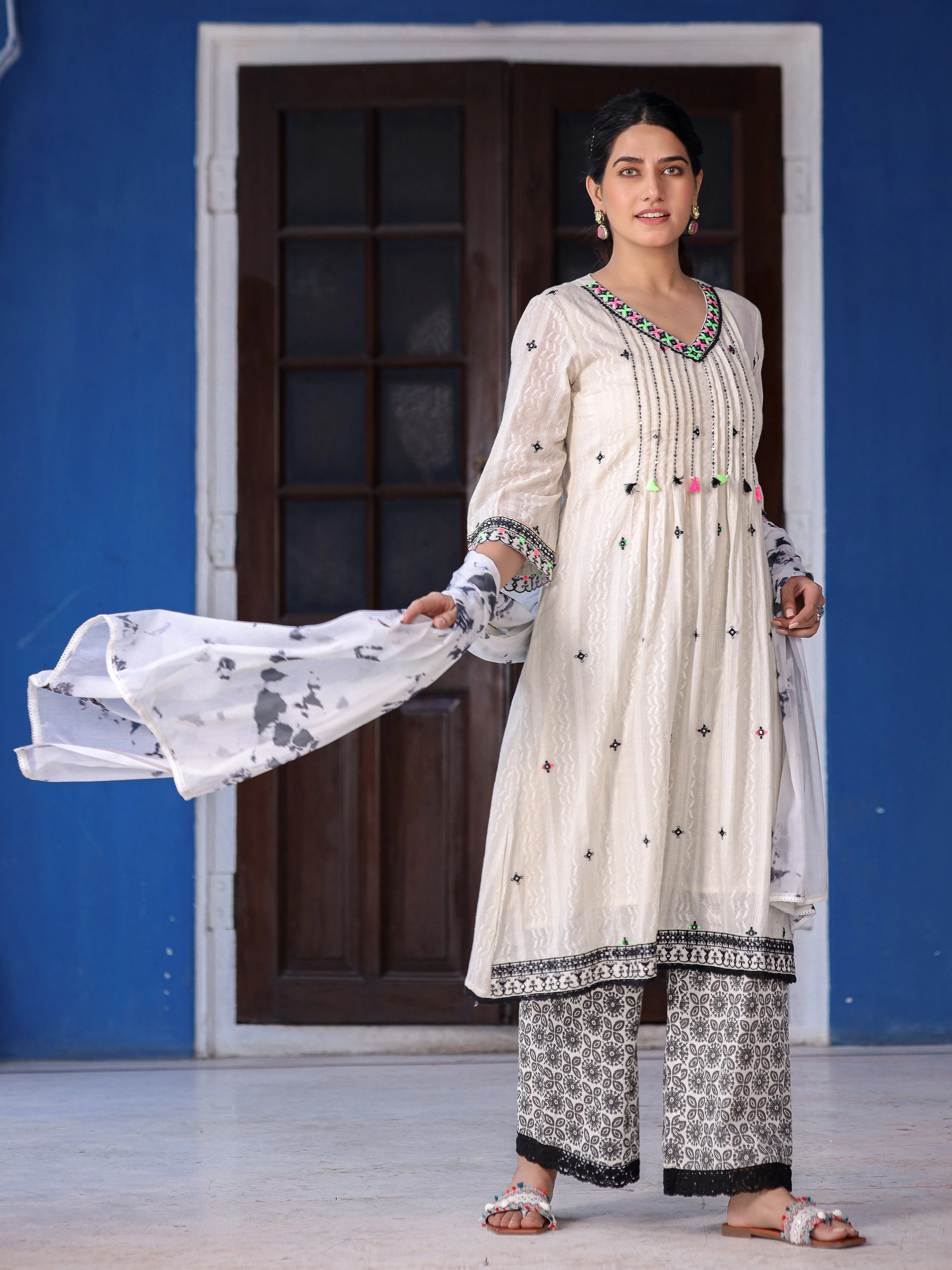 Juniper Off-White & Black Cotton Dobby Pleated Embroidered Kurta Palazzo & Dupatta Set