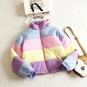 Kawaii Aesthetic Cute 90s Y2K Pastel Rainbow Colorblocking Cropped Down Jacket