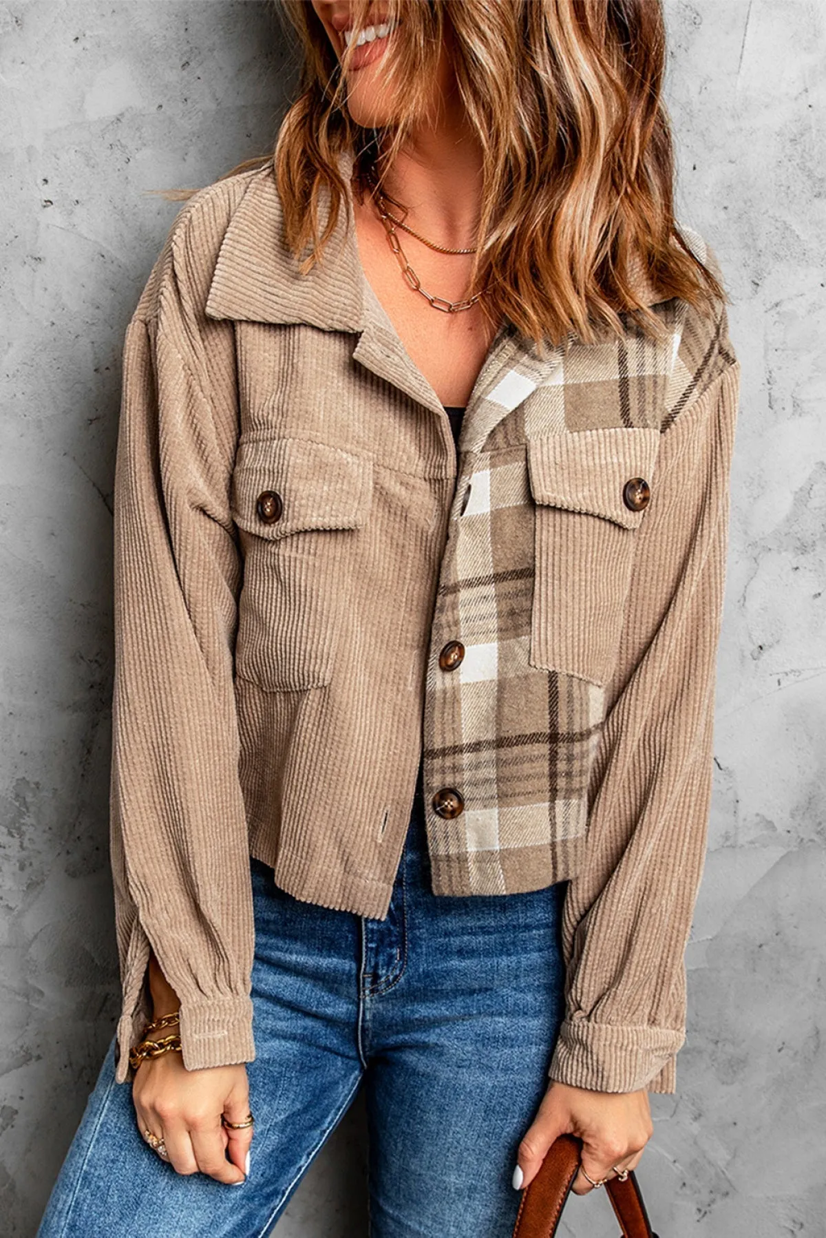 Khaki Plaid Patchwork Corduroy Cropped Jacket