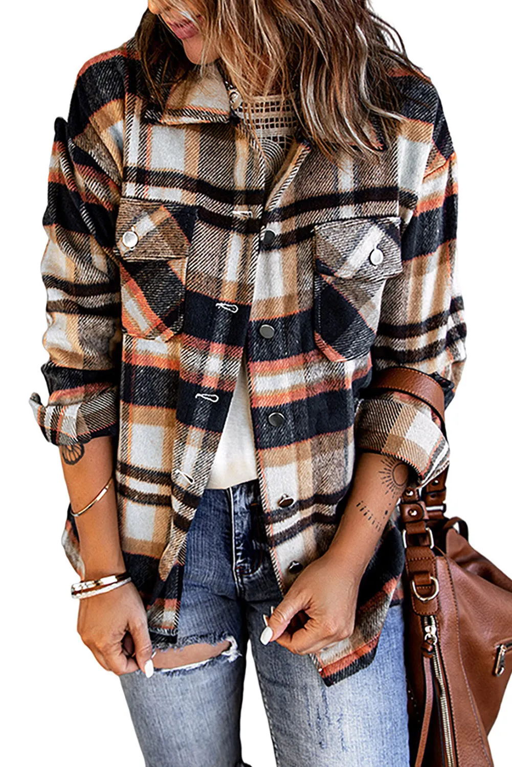 Khaki Plaid Print Casual Button Up Pocket Shacket