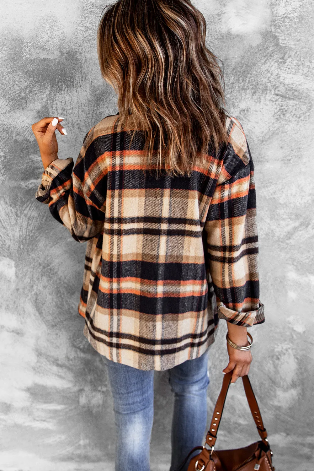 Khaki Plaid Print Casual Button Up Pocket Shacket