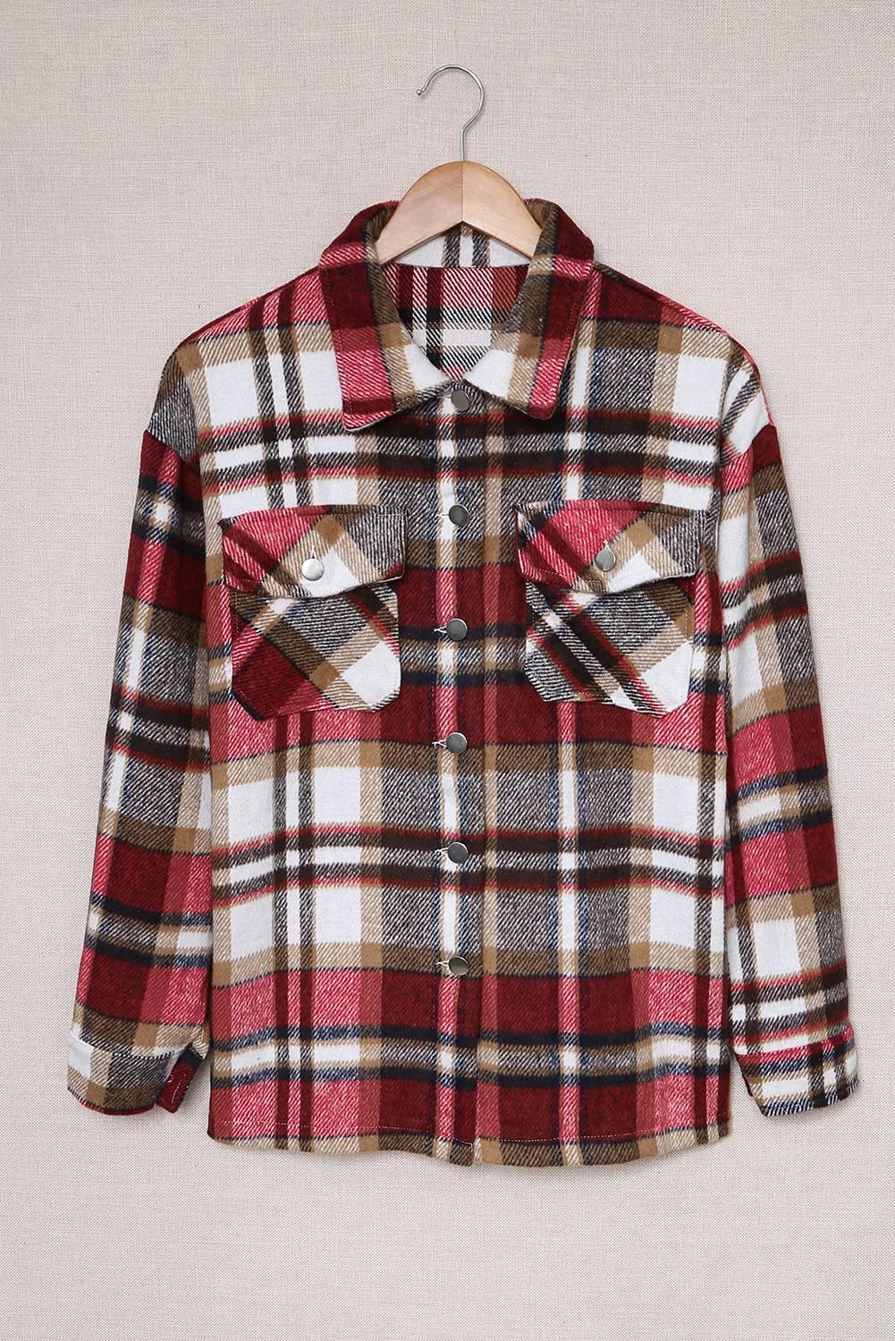 Khaki Plaid Print Casual Button Up Pocket Shacket