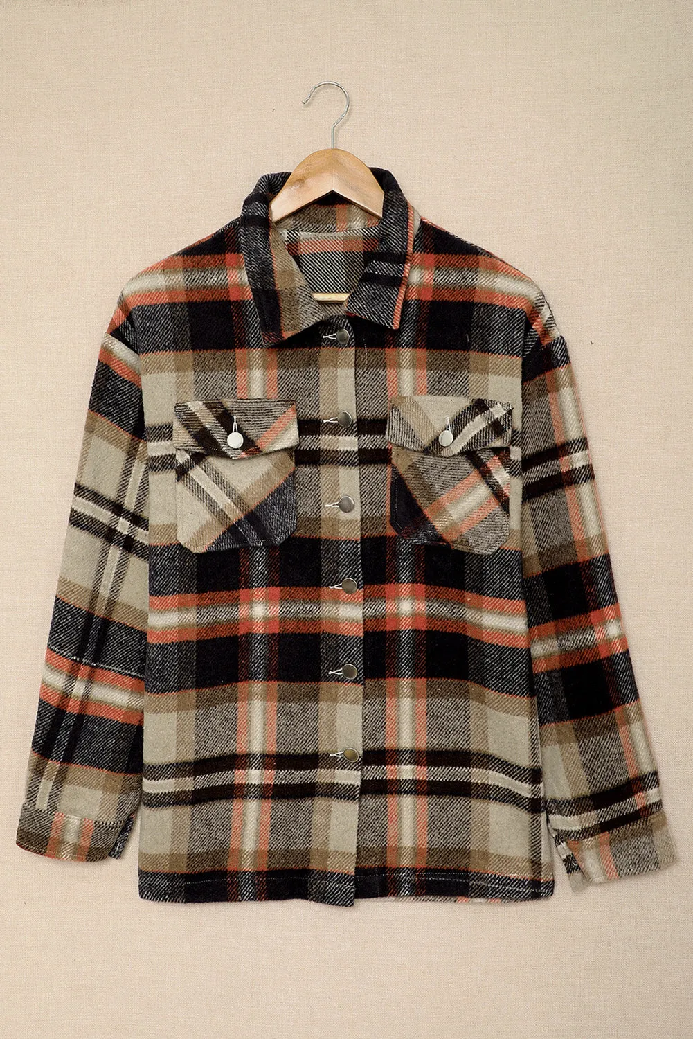 Khaki Plaid Print Casual Button Up Pocket Shacket