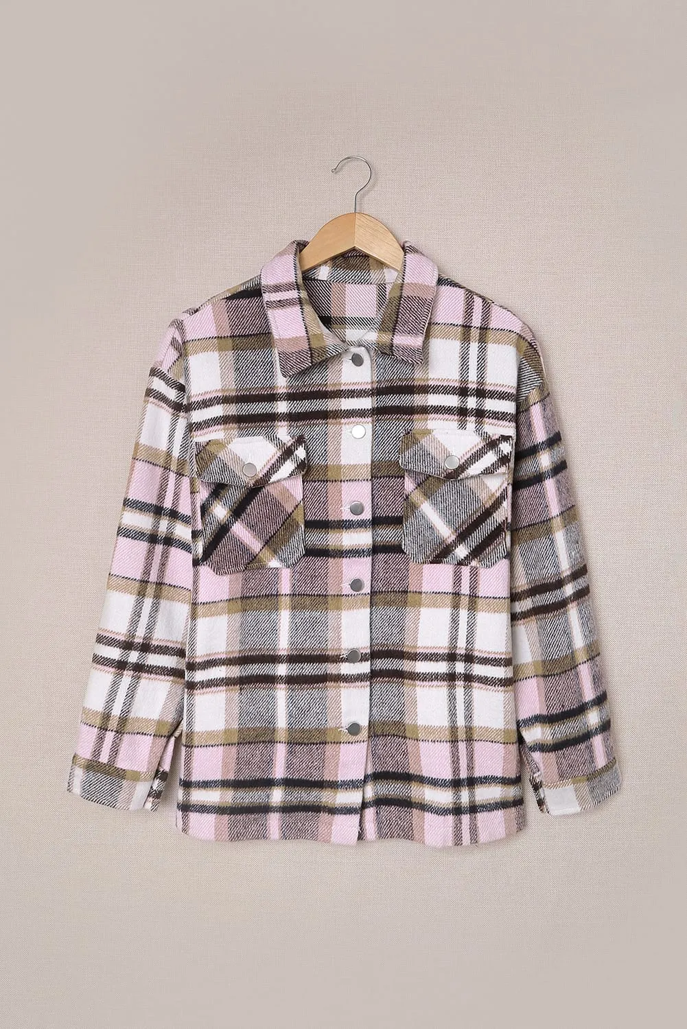 Khaki Plaid Print Casual Button Up Pocket Shacket