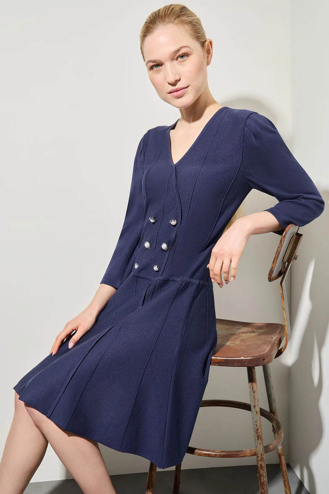 Knee Length A-Line Dress - Faux Wrap Soft Knit, Regatta