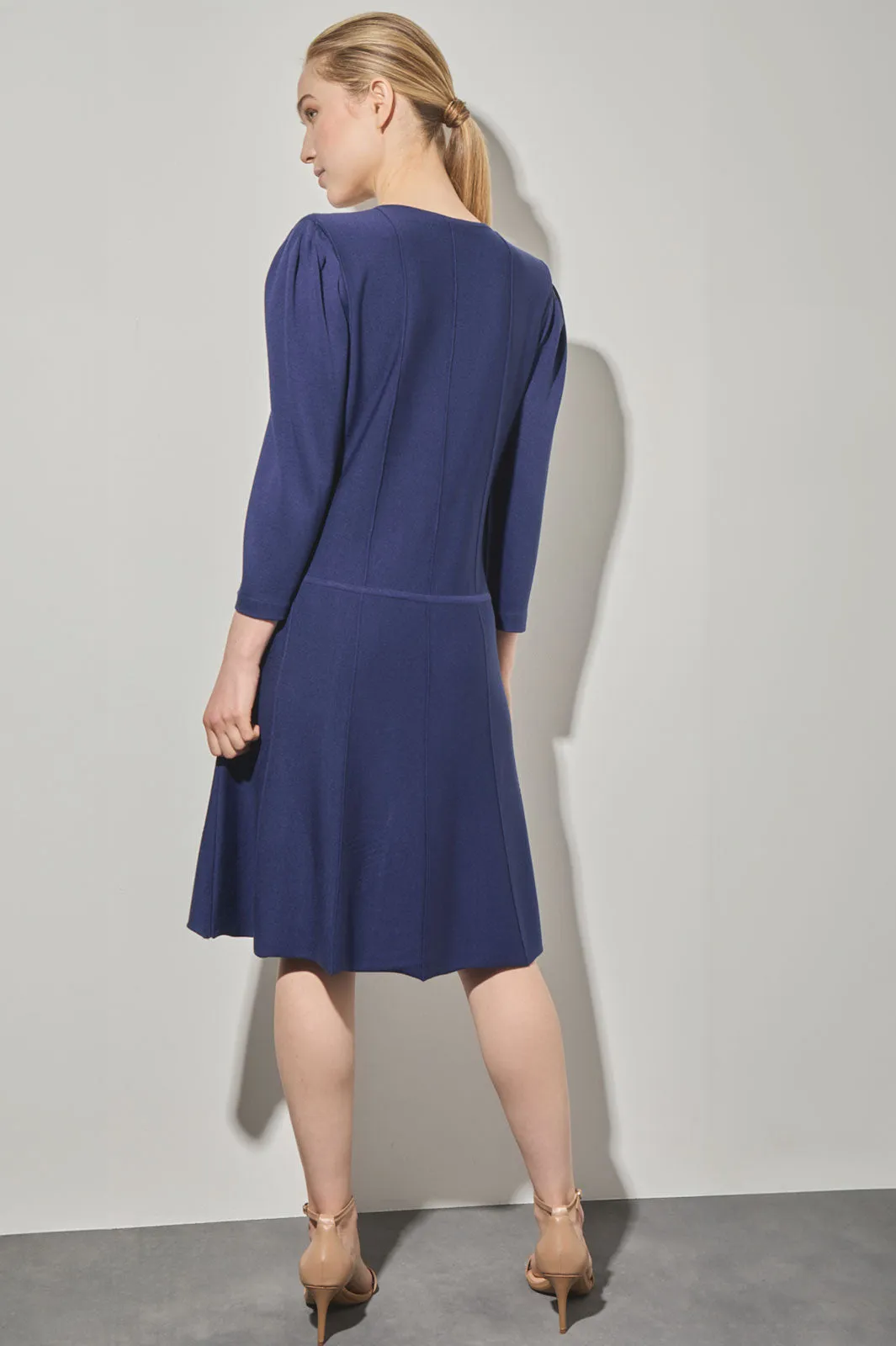 Knee Length A-Line Dress - Faux Wrap Soft Knit, Regatta