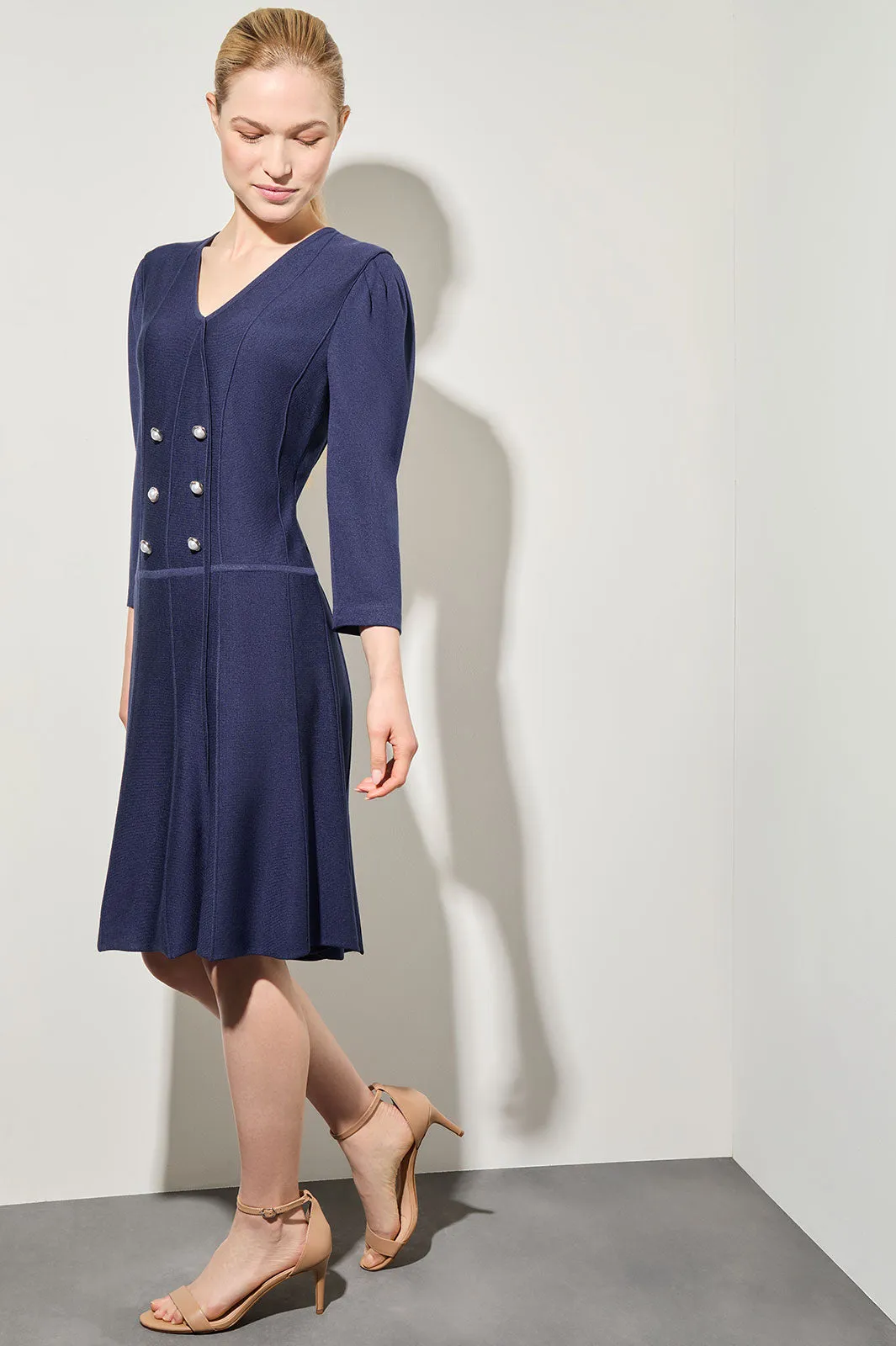 Knee Length A-Line Dress - Faux Wrap Soft Knit, Regatta