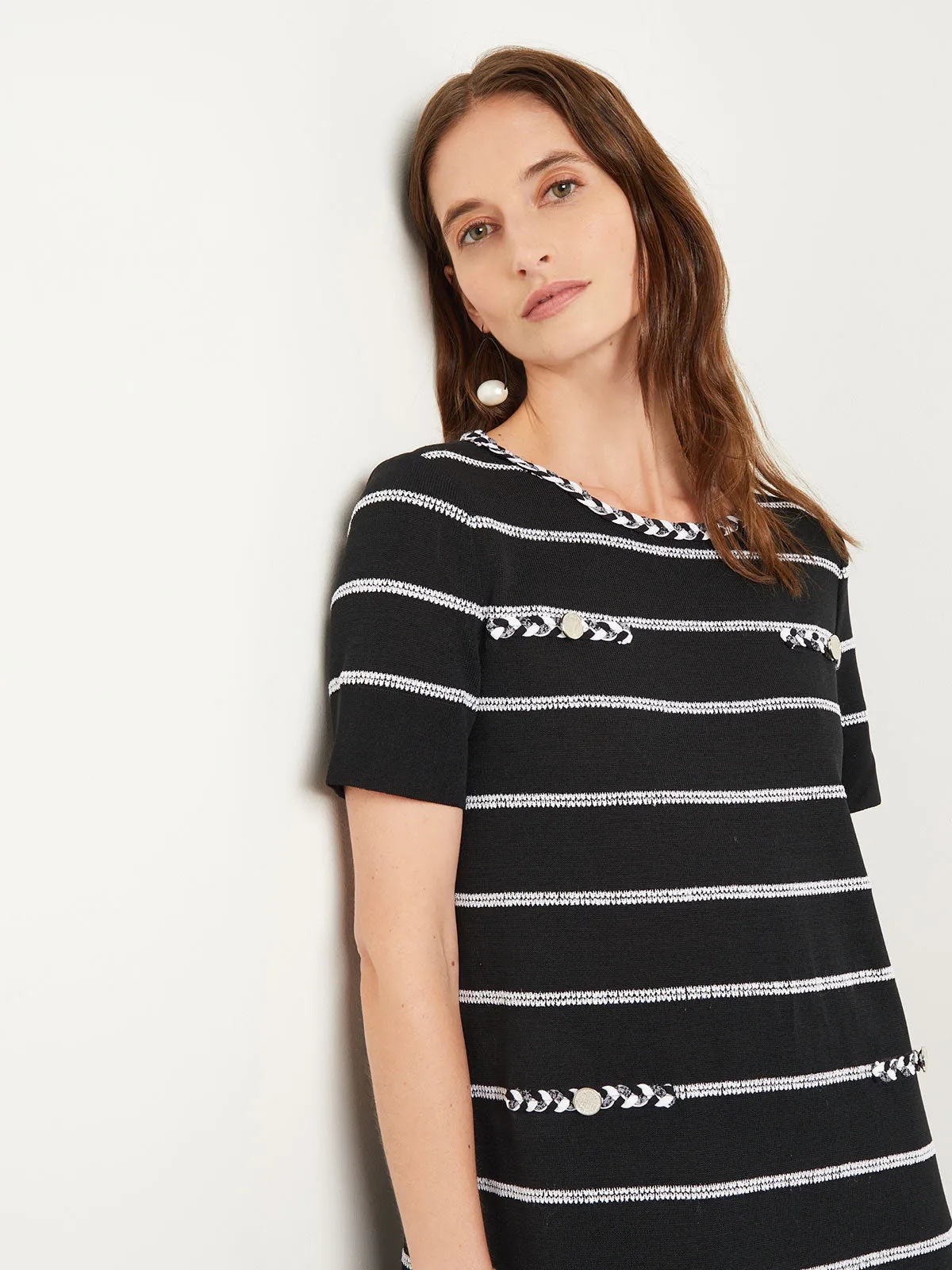 Knee Length Shift Dress - Scoop Neck Intarsia Knit