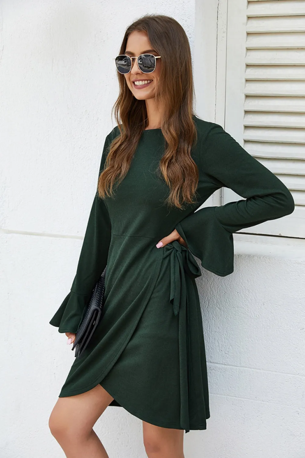 Knitted Drawstring Solid Color Dress