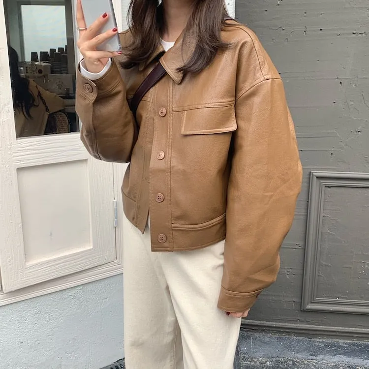 [Korean Style] 2 Colors Cropped Faux Leather Jacket