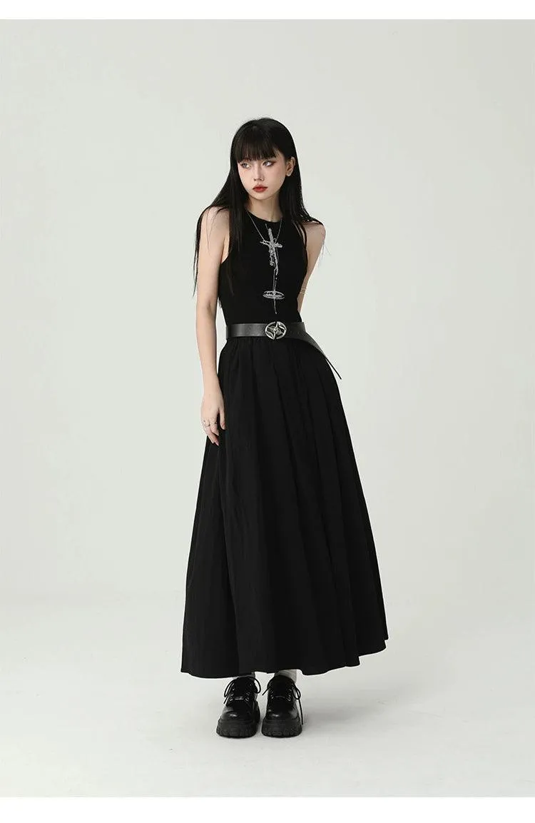 Ladyghost Gothic Sleeveless Maxi Dress - Women'S Black A-Line Gown With Cross Pendant And Pentagram Belt