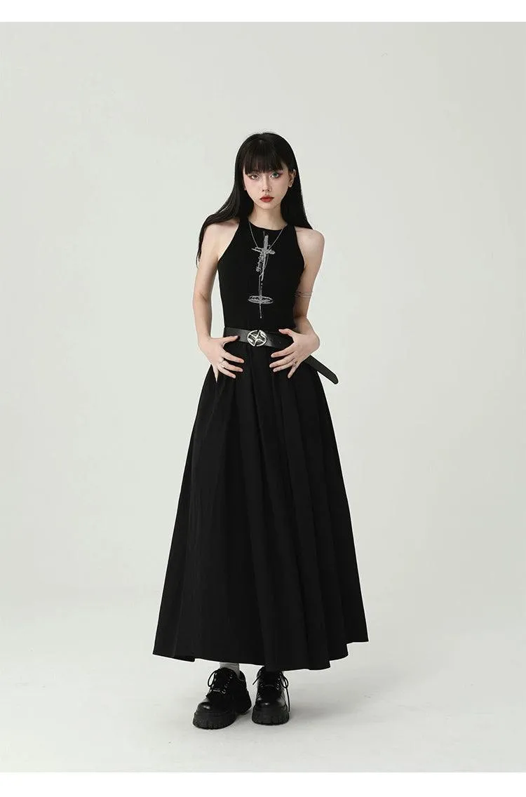 Ladyghost Gothic Sleeveless Maxi Dress - Women'S Black A-Line Gown With Cross Pendant And Pentagram Belt