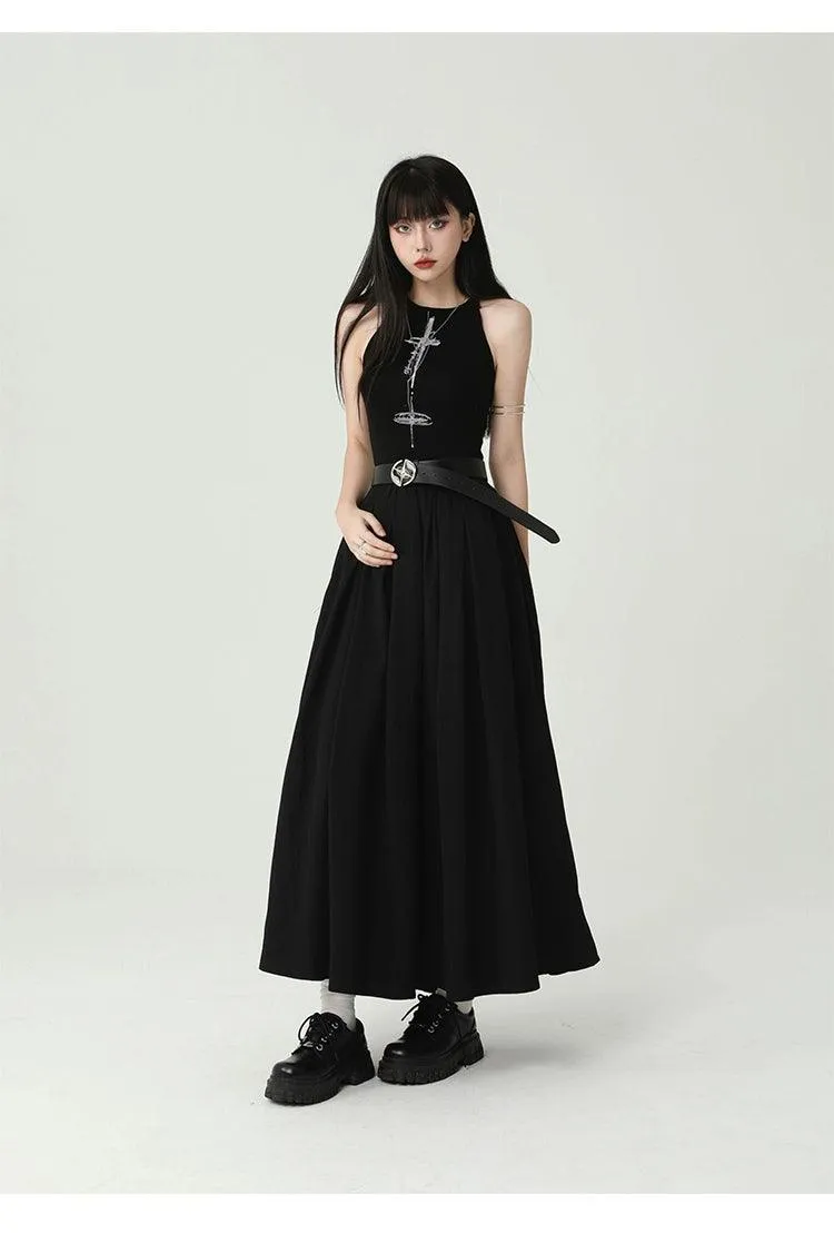 Ladyghost Gothic Sleeveless Maxi Dress - Women'S Black A-Line Gown With Cross Pendant And Pentagram Belt