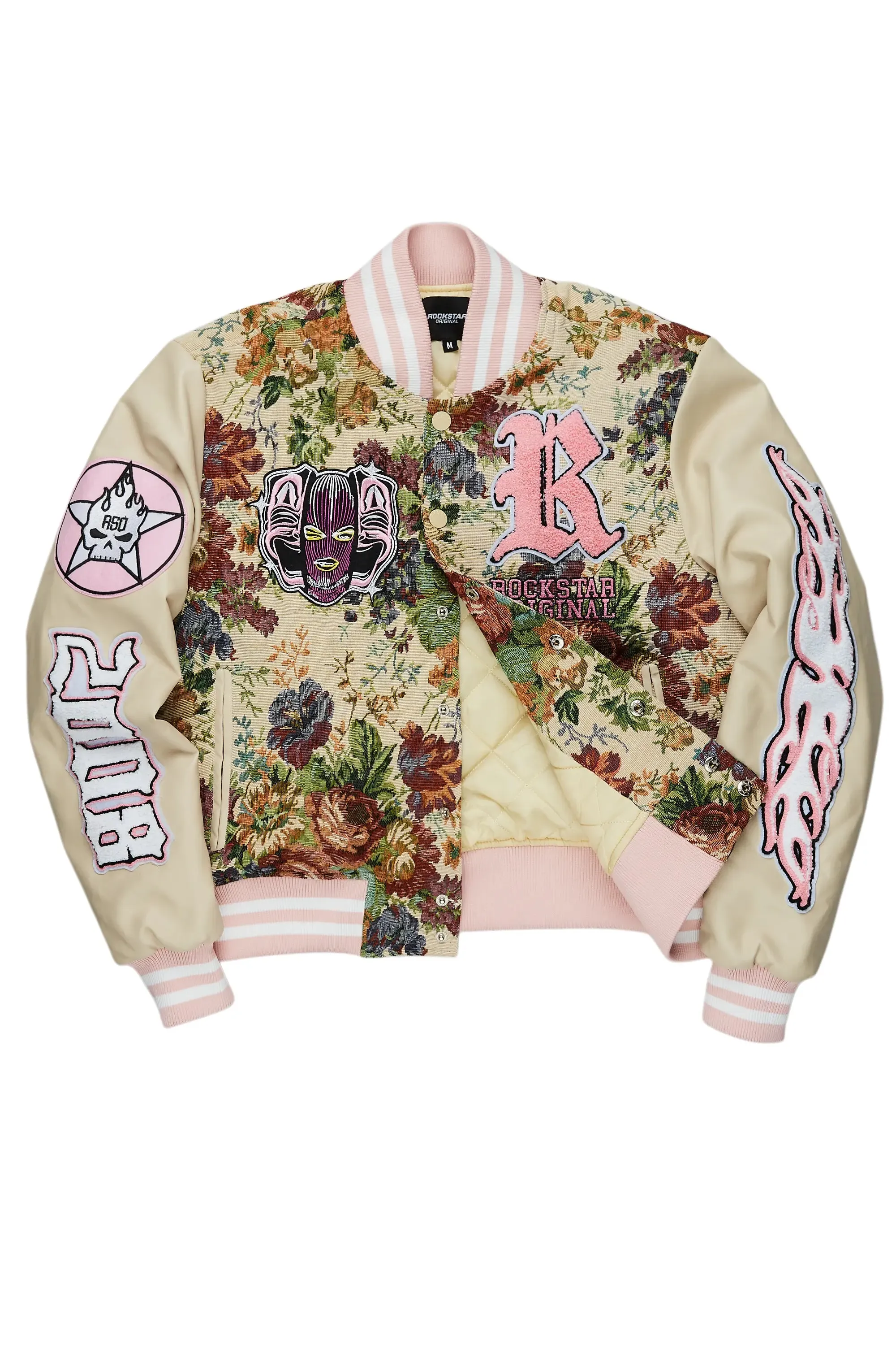 Lakiela Beige Oversized Tapestry Varsity Jacket