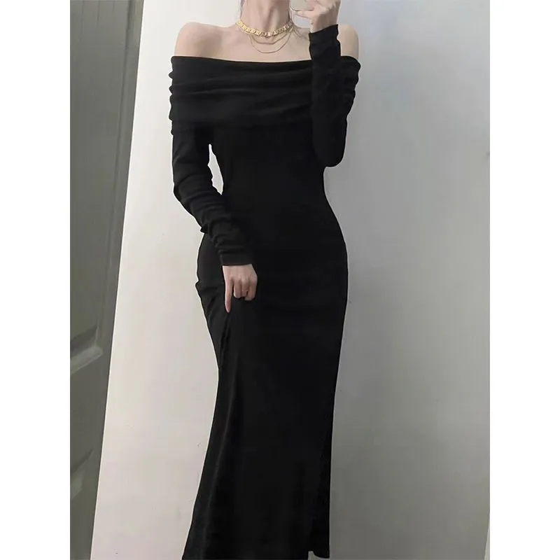 Lanfubeisi long sweater dress outfit off-Shoulder Elegant Long Sleeve Dress Women's Autumn and Winter Fashion Slim Fit Slimming Inner French Dress Women