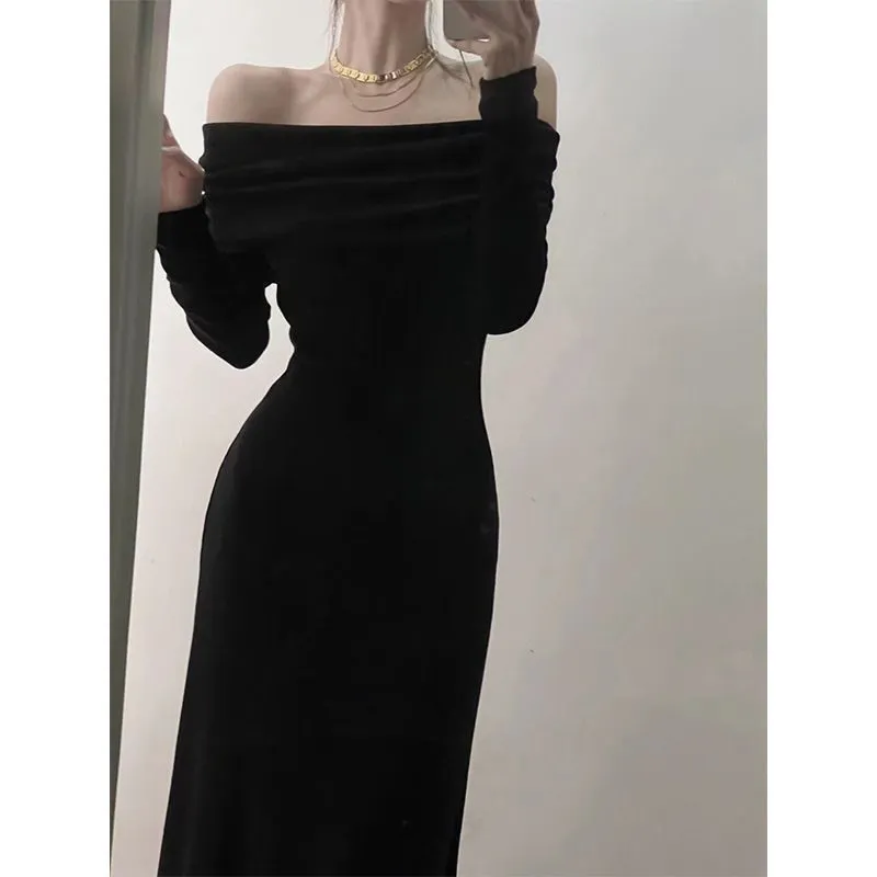 Lanfubeisi long sweater dress outfit off-Shoulder Elegant Long Sleeve Dress Women's Autumn and Winter Fashion Slim Fit Slimming Inner French Dress Women