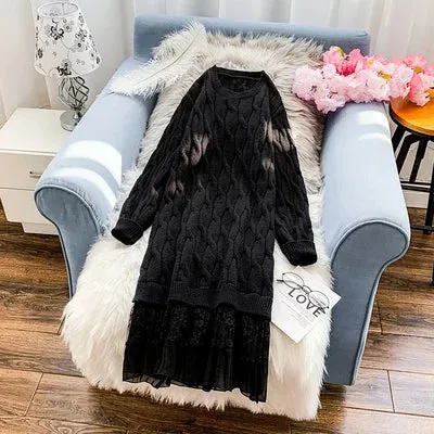 Large Size Clothes Women Autumn And Winter Lace Stitching Sweater Dress Knitted Long Pullover Shirt Vestidos Female Robes Y832