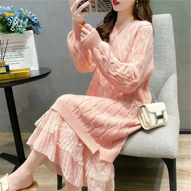 Large Size Clothes Women Autumn And Winter Lace Stitching Sweater Dress Knitted Long Pullover Shirt Vestidos Female Robes Y832