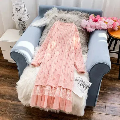 Large Size Clothes Women Autumn And Winter Lace Stitching Sweater Dress Knitted Long Pullover Shirt Vestidos Female Robes Y832