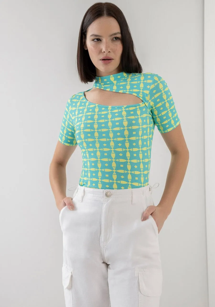 LEZ A LEZ - Printed Ribbed Blouse With Cut Out - 7544L - FINAL SALE