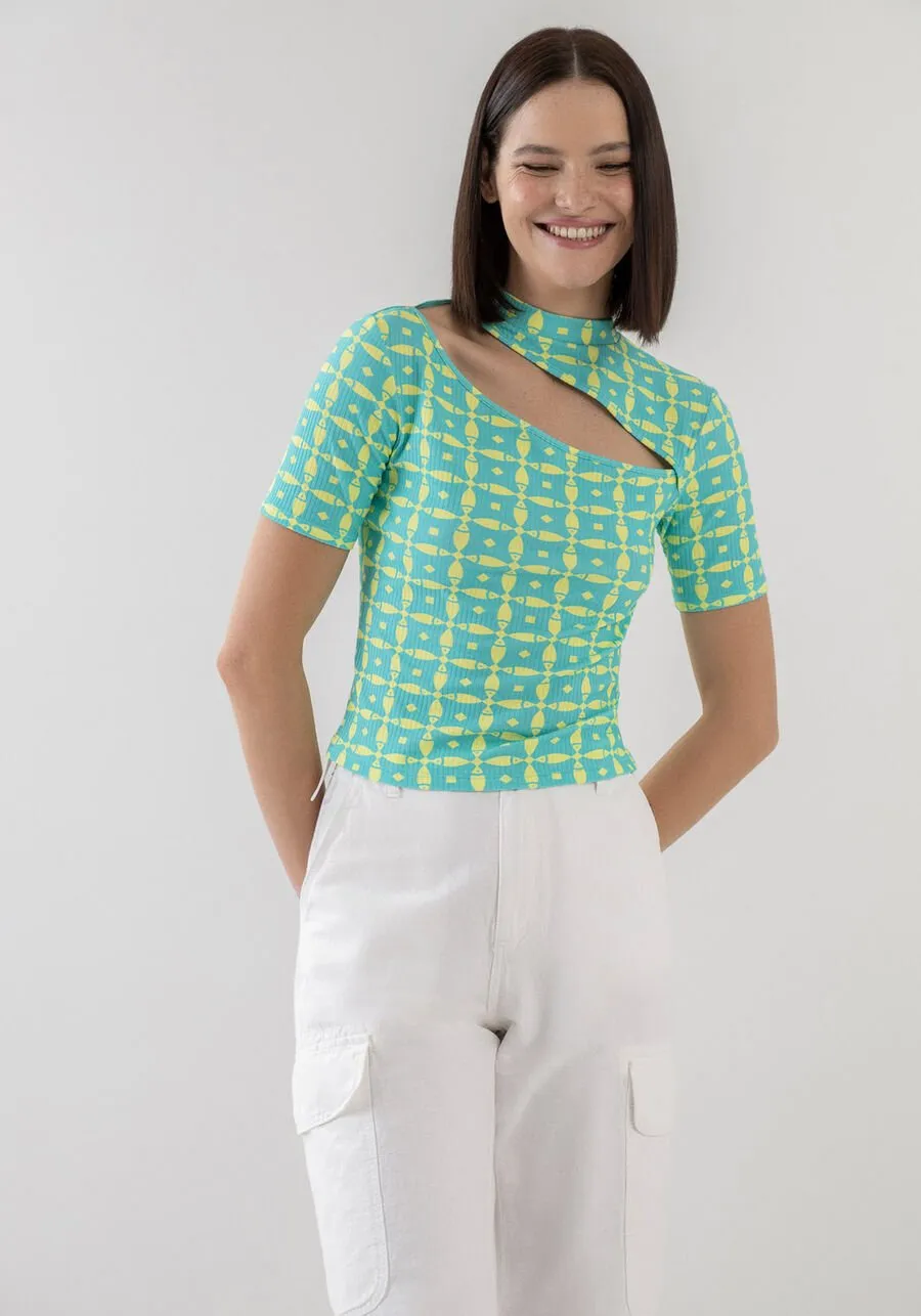 LEZ A LEZ - Printed Ribbed Blouse With Cut Out - 7544L - FINAL SALE