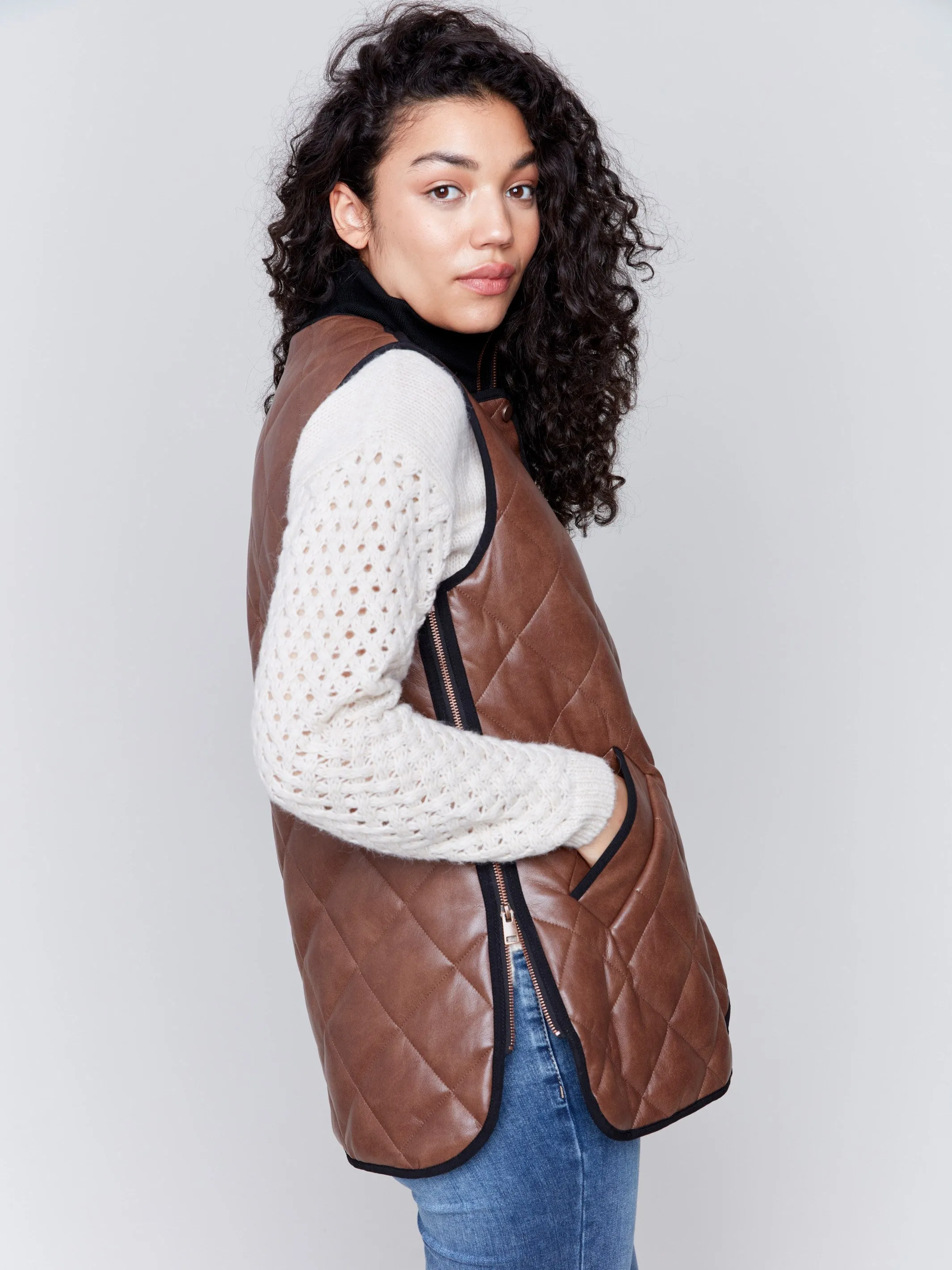 Long Quilted Faux Leather Vest - Brandy