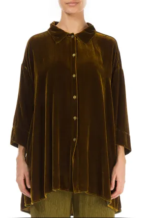 Loose Golden Olive Silk Velvet Shirt