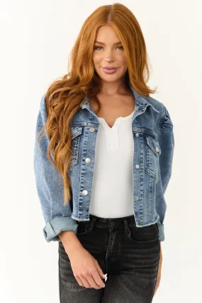 Medium Wash Denim Button Down Raw Hem Jacket