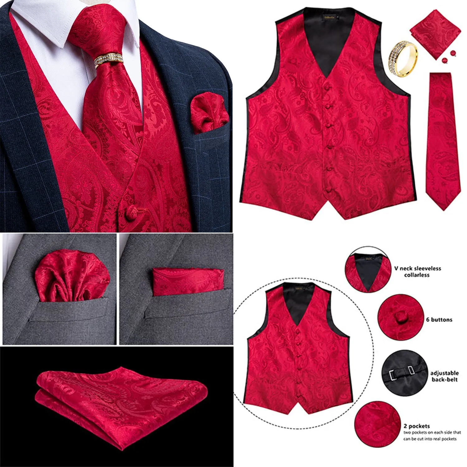 Mens Suit Vest Waistcoat Formal Wedding Groom Sleeveless Vest Hanky Necktie Set