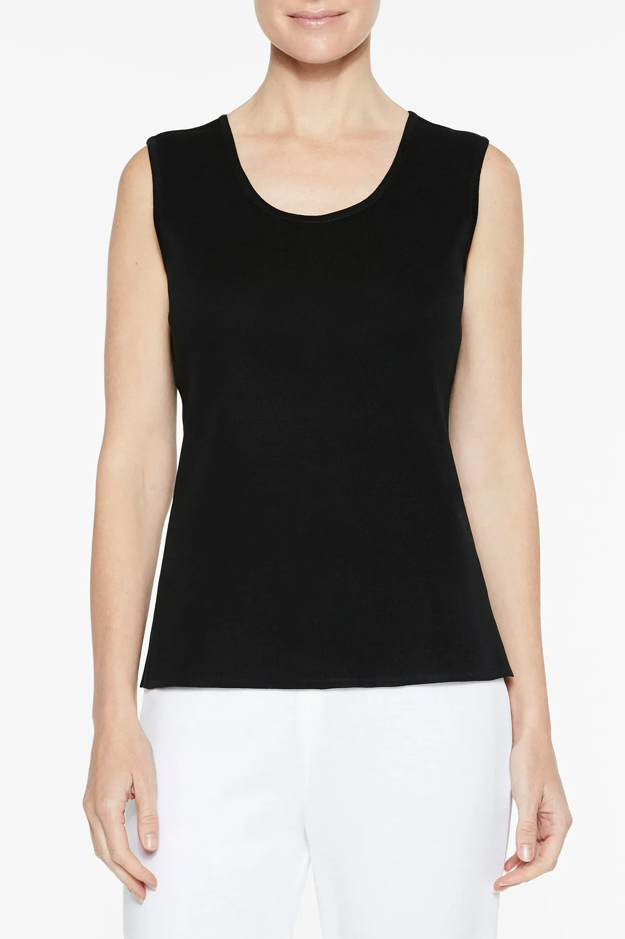 Mid-Length Scoop Neck Knit Tank, Black