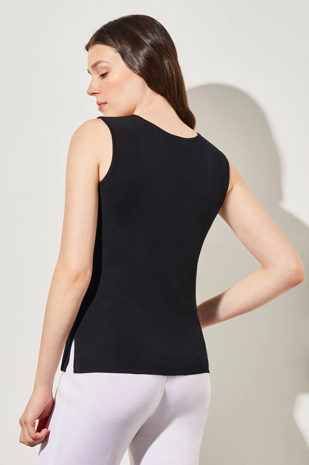 Mid-Length Scoop Neck Knit Tank, Black