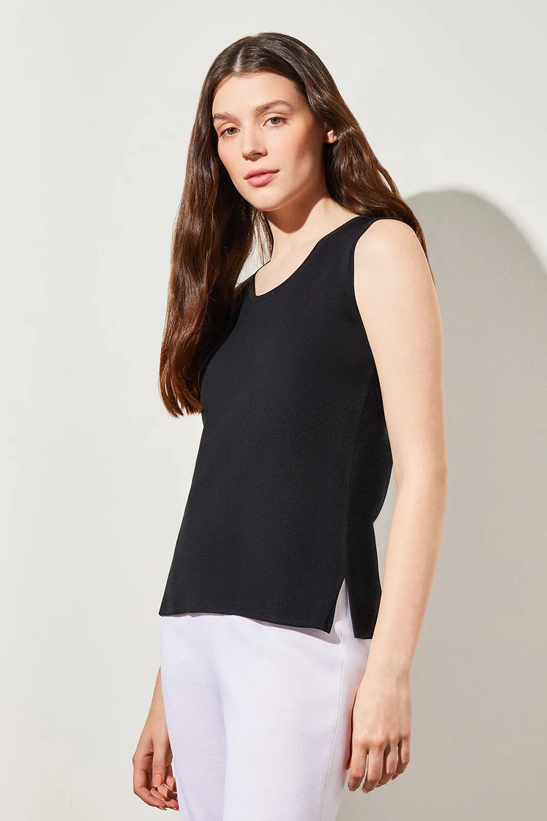 Mid-Length Scoop Neck Knit Tank, Black