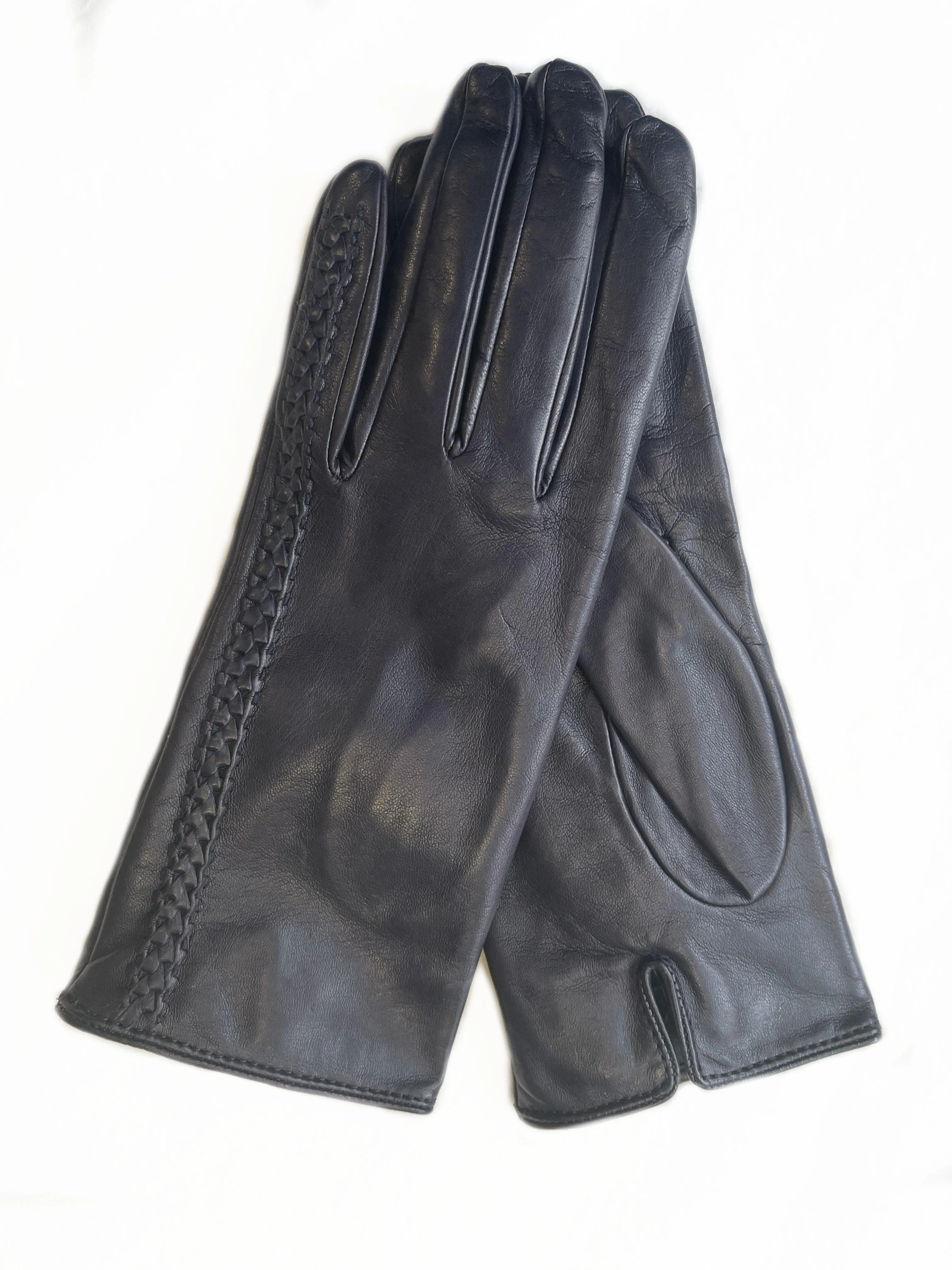 Milly - Women's Silk Lined Braided Leather Gloves