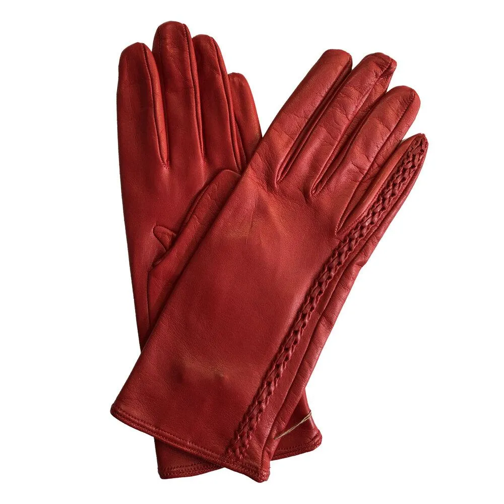 Milly - Women's Silk Lined Braided Leather Gloves