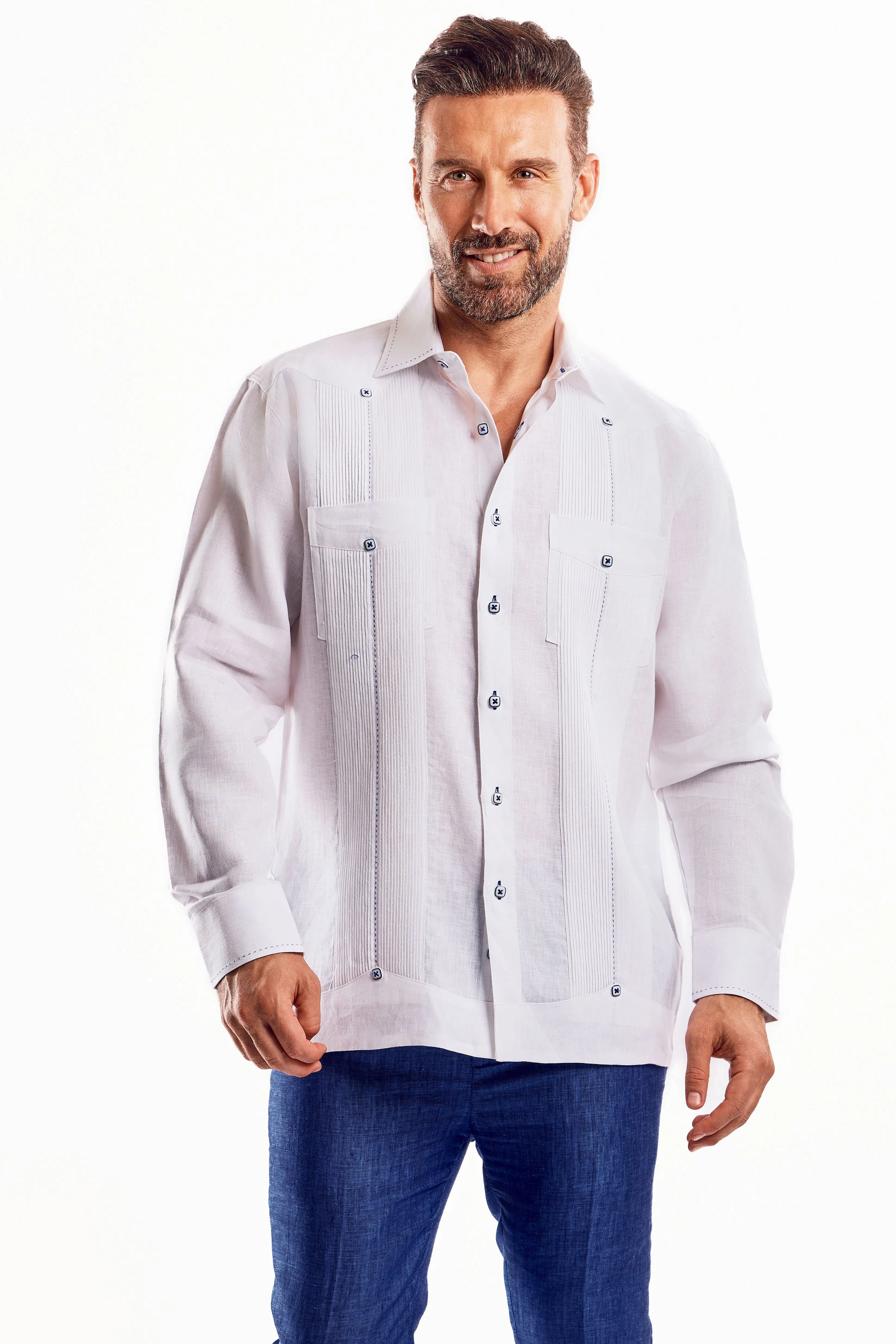 Mojito Men's Guayabera Shirt Chacabana with Single Stitch Embroidery Trim 100% Linen Long Sleeve