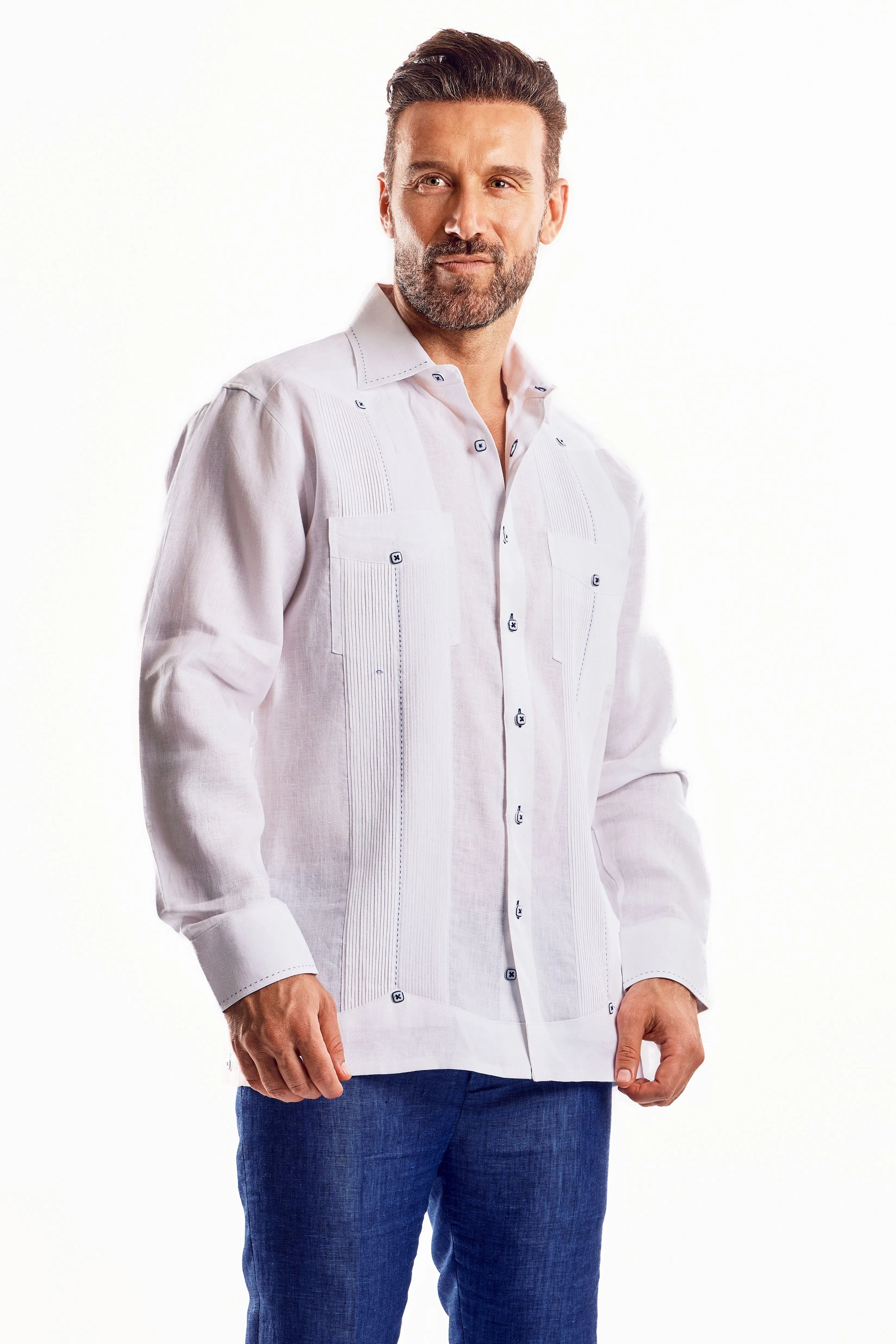 Mojito Men's Guayabera Shirt Chacabana with Single Stitch Embroidery Trim 100% Linen Long Sleeve