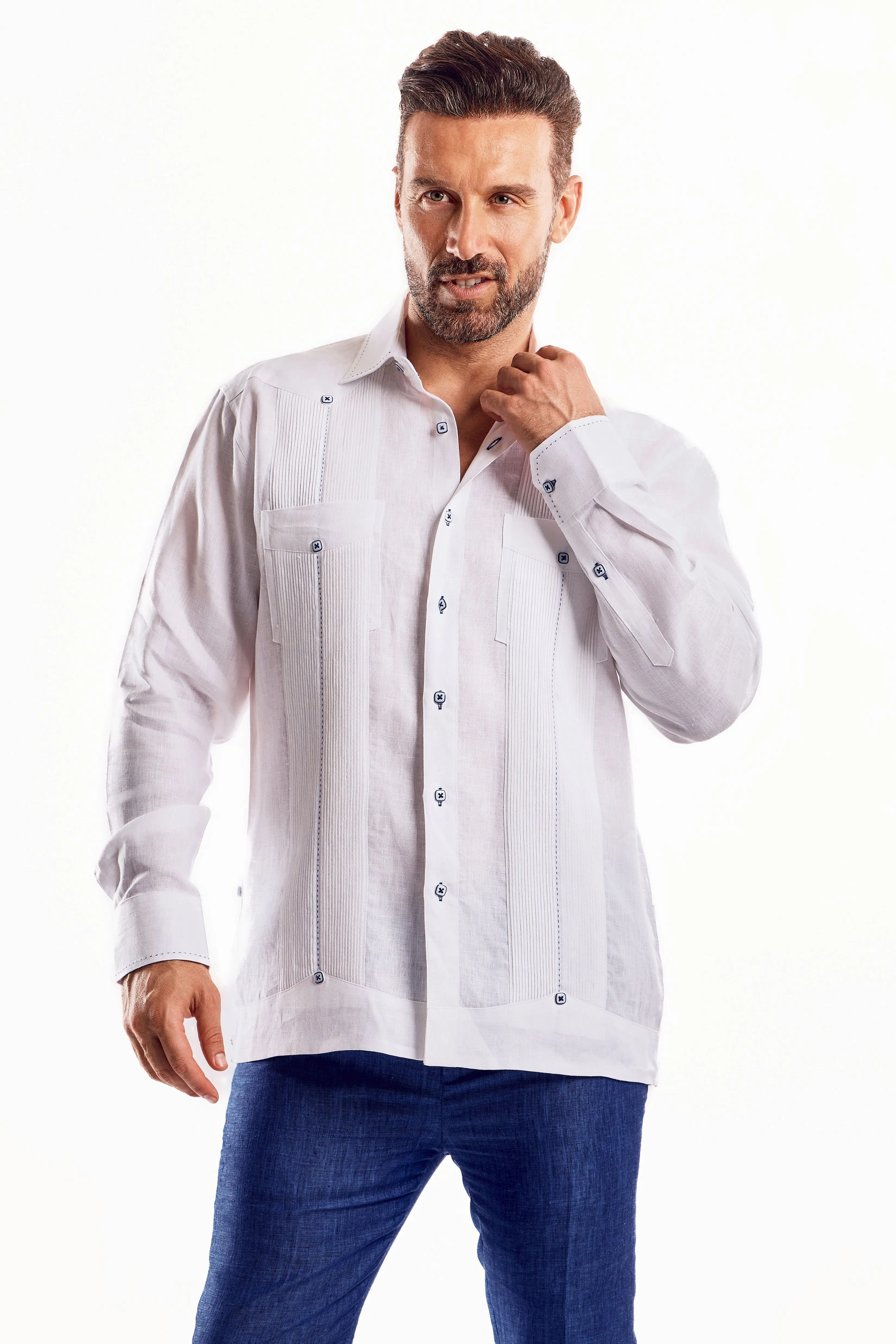 Mojito Men's Guayabera Shirt Chacabana with Single Stitch Embroidery Trim 100% Linen Long Sleeve