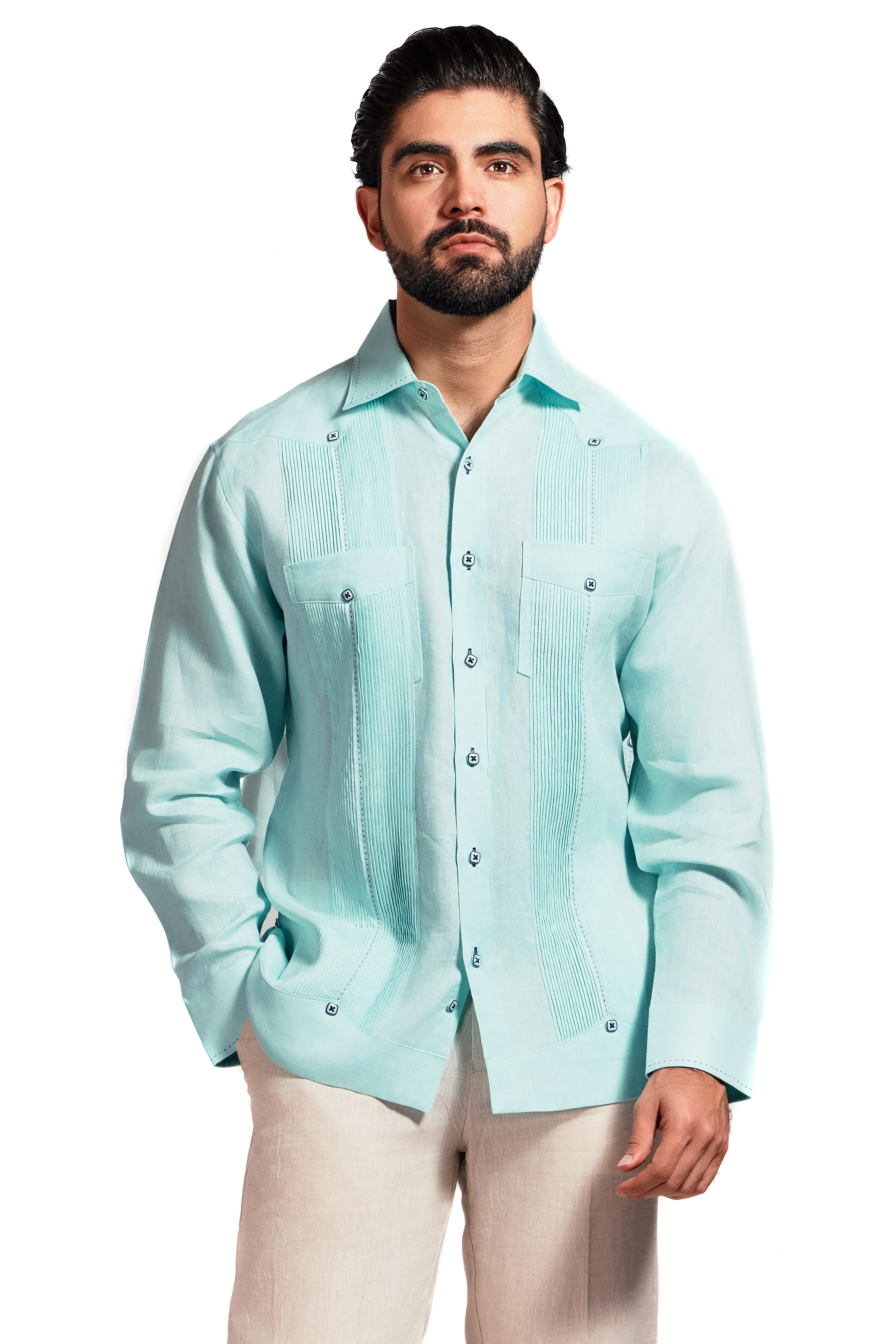 Mojito Men's Guayabera Shirt Chacabana with Single Stitch Embroidery Trim 100% Linen Long Sleeve