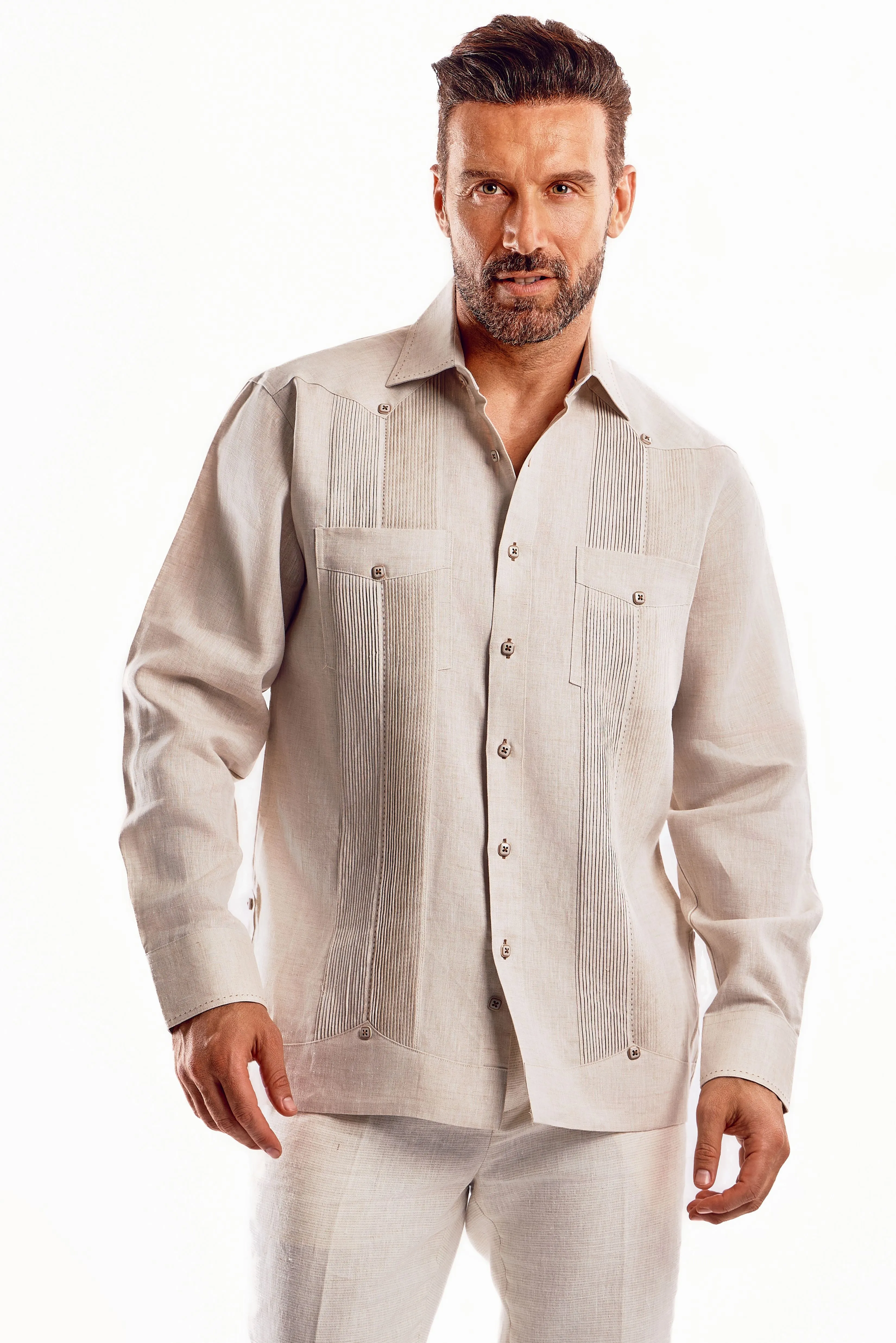 Mojito Men's Guayabera Shirt Chacabana with Single Stitch Embroidery Trim 100% Linen Long Sleeve