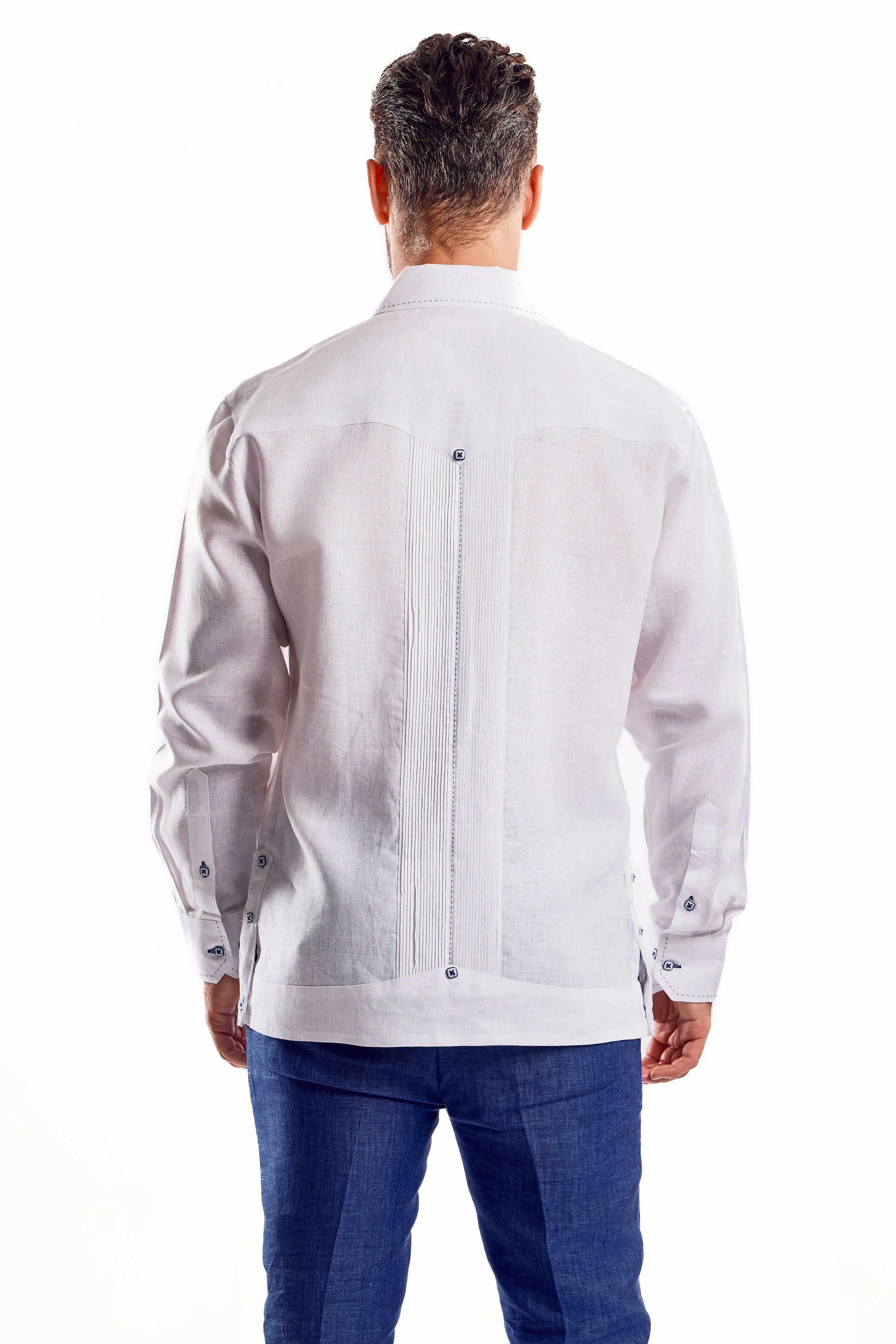 Mojito Men's Guayabera Shirt Chacabana with Single Stitch Embroidery Trim 100% Linen Long Sleeve