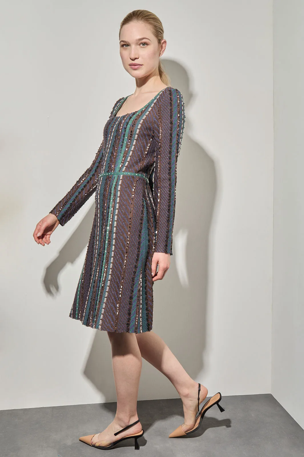 Multi-Stitch Fringe Trim Knit Above-the-Knee Dress