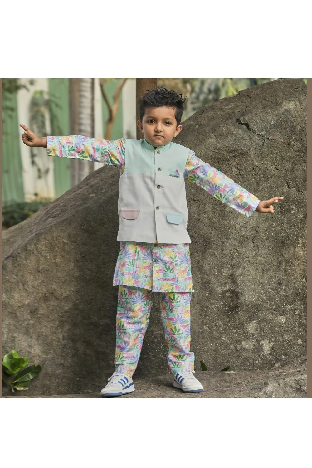 Multicolor Tropical Printed Cotton Satin Kurta With Off White And Mint Green Jacket Set