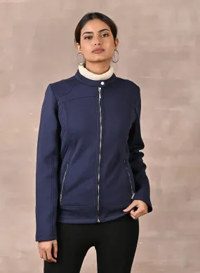 Navy Blue Quilted Jacket with Zipper Detail